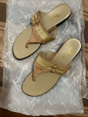 Annie Metallic Gold and Tan Thong Sandals with Buckle Detail